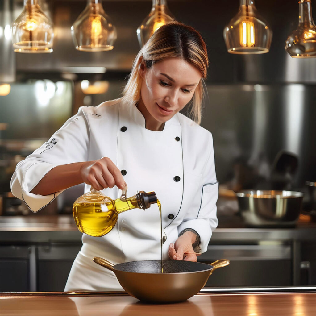 chef-using-avocado-oil a chef using avocado oil in her modern kitchen